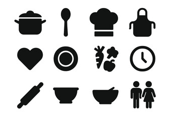Cooking Together Icons. Cooking together. Solid icon set of cooking together: pot, spoon, chef hat, apron, knife, heart, plate, vegetables, clock, rolling pin,