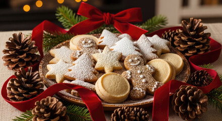 Sweet Holiday Snack on Wood with Red Ribbon and Pine Branches.