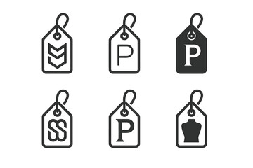 Custom Clothing Icons. Personalized fashion and custom clothing. Icon set. Set Logo of personalized fashion and custom clothing: clothing tag with personalized