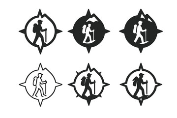 Traveler Logo Variations. Traveler. Icon set. Set Logo of traveler: mountain and compass emblem. harmonious logo variations of the same emblematic concept,