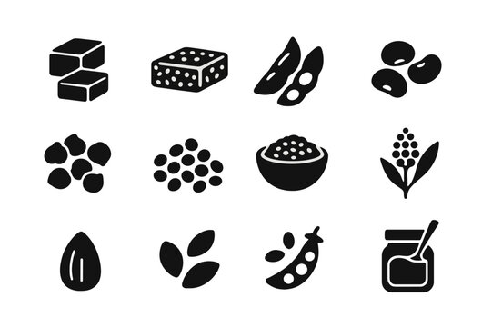 Plant Protein Icons. Plant protein sources. Solid icon set of plant protein sources: tofu, tempeh, edamame, black beans, chickpeas, lentils, hemp seeds,