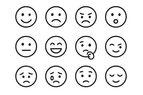 Fototapeta Facial Expression Icons. Facial expressions. Line icon set of facial expressions: happy face, sad face, angry face, surprised face, neutral face, laughing
