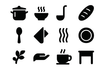 Soup Kitchen Icons. Soup Kitchen. Solid icon set of Soup Kitchen: soup pot, bowl, ladle, bread, spoon, napkin, steam, plate, herbs, hand, cup, table. Filled