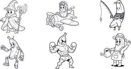 Banana Character Set – Wizard, Pilot, Fisherman, Robot, Bodybuilder, Gardener | Cute Fruit Mascot Line Art (Musa acuminata)