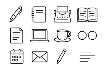 Magazine Writing Icons. Writing an article for a magazine. Line icon set of writing an article for a magazine: pen, notebook, typewriter, open book, paper