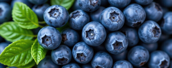 Fresh blueberries with green leaves close up showing natural texture and vibrant color, evoking healthy and fresh feeling