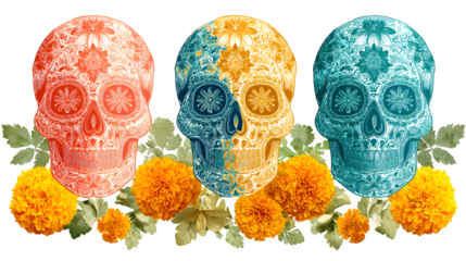 Celebrate Dia de los Muertos with vibrant sugar skulls and marigold flowers, a cultural tradition honoring loved ones with colorful artistry and remembrance