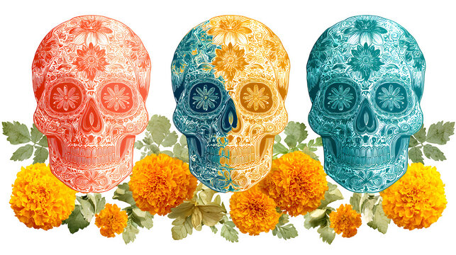 Celebrate Dia de los Muertos with vibrant sugar skulls and marigold flowers, a cultural tradition honoring loved ones with colorful artistry and remembrance