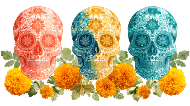 Celebrate Dia de los Muertos with vibrant sugar skulls and marigold flowers, a cultural tradition honoring loved ones with colorful artistry and remembrance