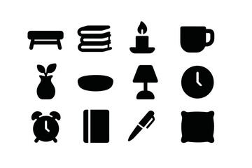 Stylish Coffee Table Icons. Setting up a coffee table with books and candles. Solid icon set of setting up a coffee table with books and candles: coffee table,