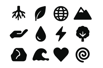Fototapeta premium Earth Energy Icons. Earth energy. Solid icon set of earth energy: roots, leaf, globe, mountain, hand, droplet, lightning, tree, rock, wave, heart, spiral.