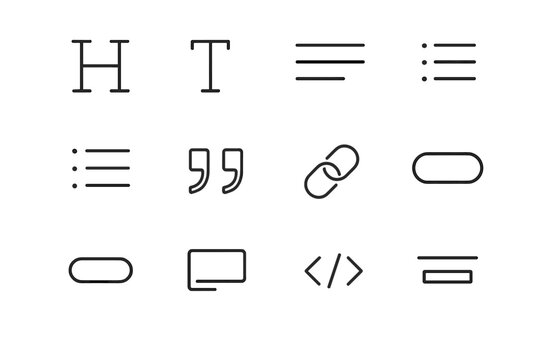Typography Icon Grid. Fonts and letters. Line icon set of fonts and letters: serif font, sans-serif font, script font, decorative font, monospaced font, bold