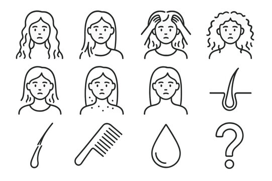 Hair Troubles Icon Set. Hair problems. Line icon set of hair problems: tangled hair, split ends, hair loss, frizz, dry scalp, dandruff, oily hair, weak roots,