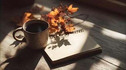 Warm beverage rests beside a spiral notebook bathed in dramatic sunlight beside autumn foliage.