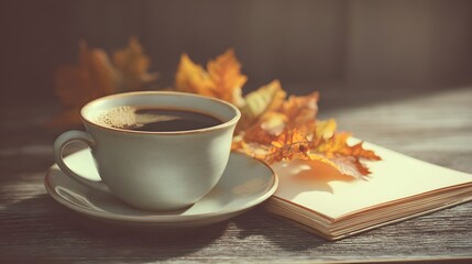 Ceramic cup filled with hot dark beverage rests beside open pages and golden foliage on wooden surface