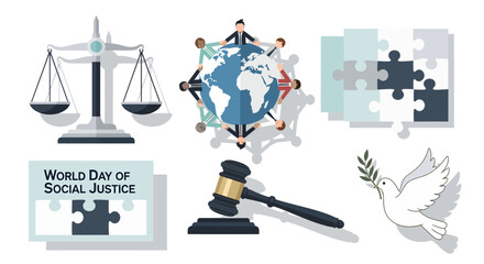 Collection of icons representing social justice, global unity, law, peace, and community, including a balance scale, globe with people, puzzle pieces, gavel, and a dove.