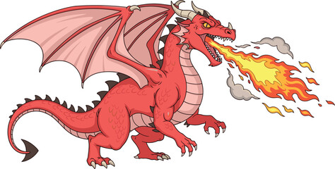 Furious red cartoon dragon with large wings breathing fire from its mouth, powerful vector illustration of a fantasy monster, beast, or mythical creature. © SreeShoyagini