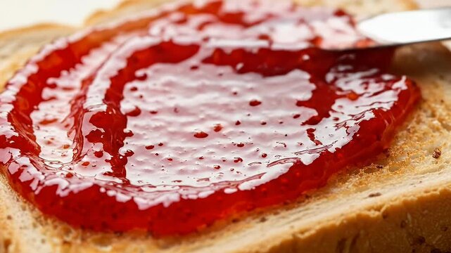 Close-up of a knife spreading bright red jam on a slice of bread with a soft texture and golden crust, creating a delicious breakfast scene