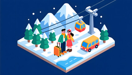 A couple exploring a miniature winter travel map