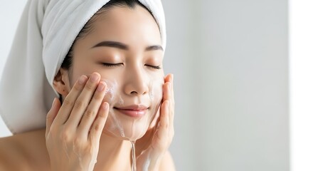 Young asian woman gently washing her face with cleanser while wrapped in a white towel after bath