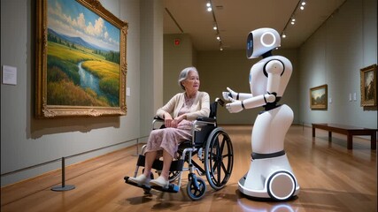 A futuristic robotic guide transports an elderly woman in a wheelchair through an art museum. The robot describes a traditional landscape oil painting to the senior lady. AI technology - Powered by Adobe