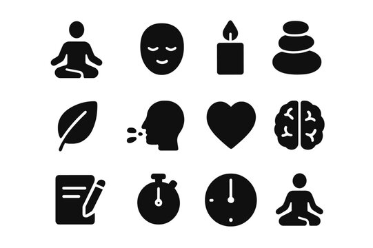 Relaxation Icon Set. Relaxation techniques. Solid icon set of Relaxation techniques: lotus position, calm face, candle, zen stones, nature leaf, breathing