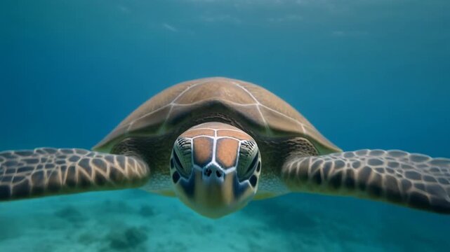 A close-up, symmetrical underwater shot of a green sea turtle swimming towards the camera in clear blue ocean water.