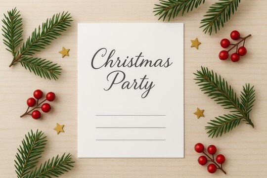 Christmas party invitation card with fir branches, red berries, and gold stars on wooden background, top view flat lay. - Powered by Adobe