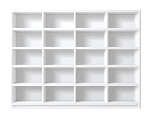 A stark white, empty shelving unit, segmented into numerous cubical spaces, arranged symmetrically. Ideal for showcasing, displaying, or organizing