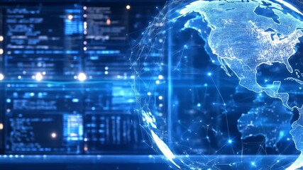 A luminous, digitized globe shows continents connected by lines, with code panels in the background - Powered by Adobe