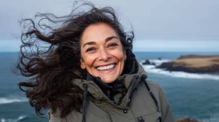 Woman standing outdoors near ocean, smiling, windy day.