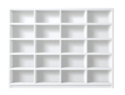 A stark white, empty shelving unit, segmented into numerous cubical spaces, arranged symmetrically. Ideal for showcasing, displaying, or organizing