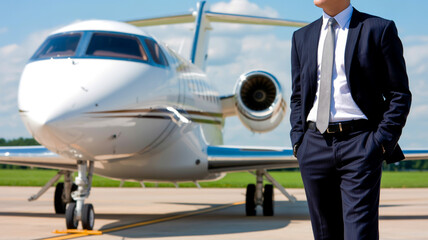 Man in dark suit and tie standing by a white private jet airplane on tarmac image