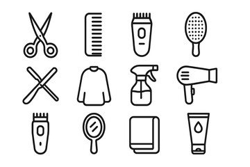 Obraz premium Hairdressing Icon Set. Hairdressing essentials. Line icon set of Hairdressing essentials: scissors, comb, hair clipper, hairbrush, razor, barber cape, spray