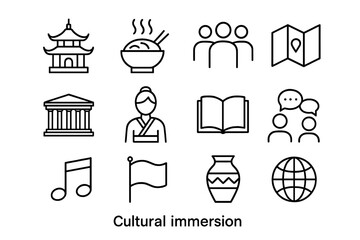 Cultural Icon Set. Cultural immersion. Line icon set of cultural immersion: temple, local food, people group, map, landmark, traditional dress, book,