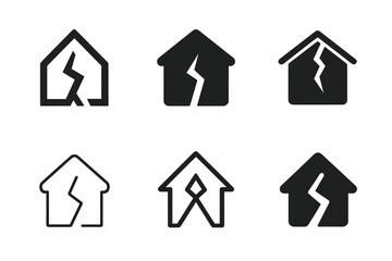 Naklejka premium Earthquake Hazard Icons. Earthquake hazards. Icon set. Set Logo of earthquake hazards: Cracked house symbol. harmonious logo variations of the same emblematic