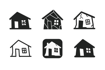 Fototapeta premium Abandoned House Logos. Dilapidated house with no sign of life. Icon set. Set Logo of abandoned home: sagging structure. harmonious logo variations of the same