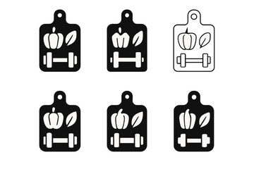 Fitness Cooking Icons. Cooking for fitness goals and muscle building. Icon set. Set Logo of chopping board with vegetables. harmonious logo variations of the