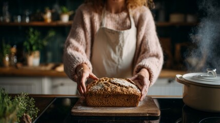 Woman baking bread in kitchen.