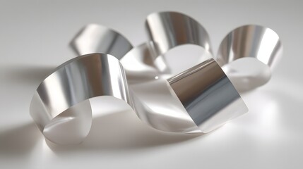 Several loops of shiny metallic ribbon rest on a clean white surface