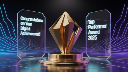 Ultra-realistic 3D golden trophy on glossy black podium, futuristic neon cyber-grid background, cinematic lighting, digital achievement award, corporate excellence stock image.