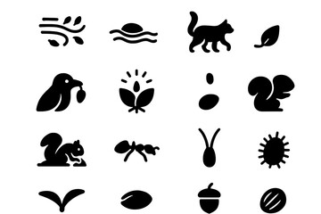 Seed Dispersal Icons. Seed dispersal. Solid icon set of Seed dispersal: wind, water, animal fur, bird, exploding pod, gravity, squirrel burying, ant carrying,