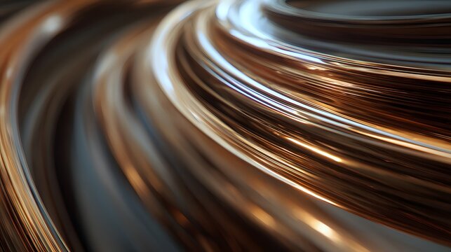 Abstract flowing metallic strands curve dynamically across a dark, reflective surface