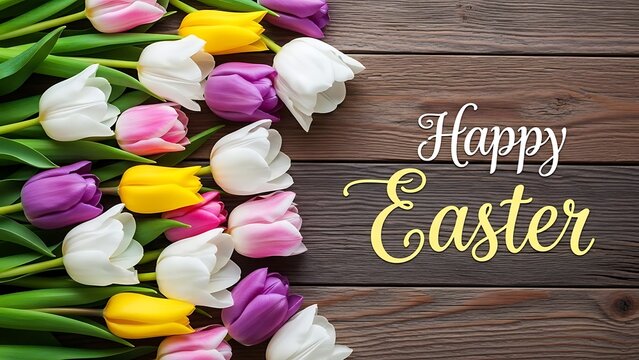 Beautiful Tulips and Happy Easter Wishes on Rustic Wood Background Easter Greeting Card and Spring Celebration with Vibrant Floral Arrangement and Festive Message