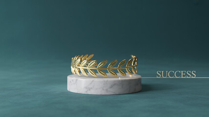 Minimalist luxury studio photo of a polished gold laurel trophy on white marble, deep teal background, soft lighting, elegant SUCCESS text, professional high-resolution asset.
