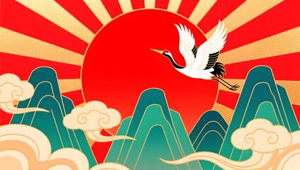 Naklejka premium Festive sunrise with flying crane