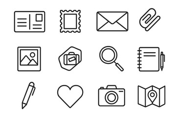 Monoline Postcard Icons. Postcard collection. Line icon set of postcard collection: postcard, stamp, envelope, paper clip, photo, travel sticker, magnifying