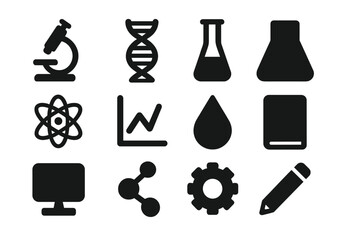 Science Research Icons. Science research. Solid icon set of science research: microscope, DNA strand, test tube, flask, atom, graph, droplet, notebook,