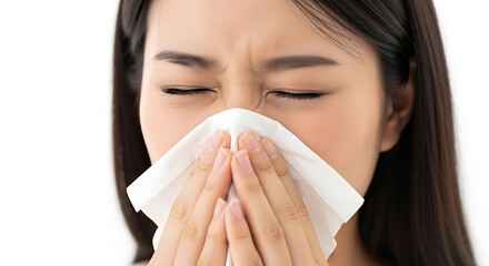 Young asian woman sneezing or blowing her nose into a white tissue isolated on white background