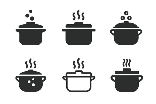 Cooking Techniques Icons. Cooking techniques. Icon set. Set Logo of cooking techniques: pot simmering. harmonious logo variations of the same emblematic